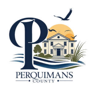 logo of visit Perquimans county that includes a house, birds and water waves