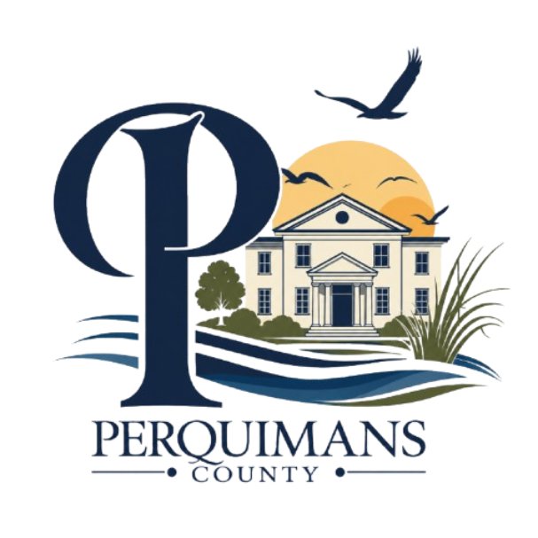 logo of visit Perquimans county that includes a house, birds and water waves